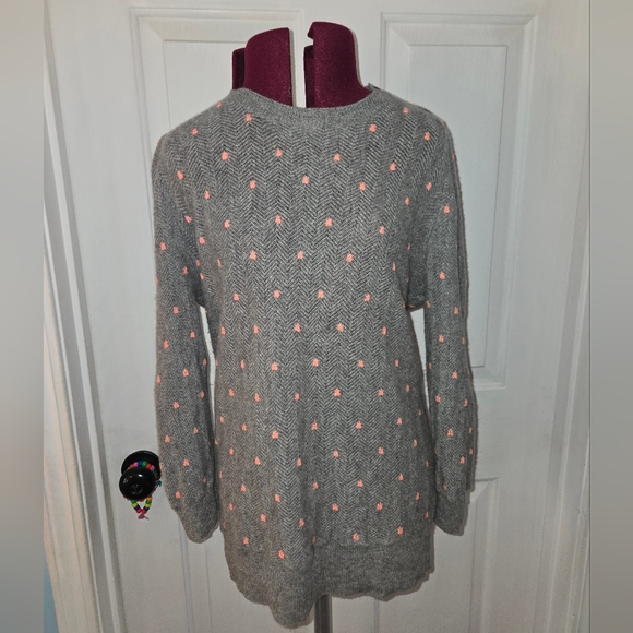 J. Crew Italian Cashmere Knit Crewneck Gray Pink Pointelle Dot Chevron Sweater - Picture 2 of 10